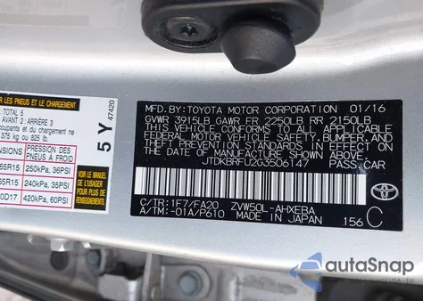 2016 Toyota Prius Two из США, поврежденный, VIN JTDKBRFU2G3506147